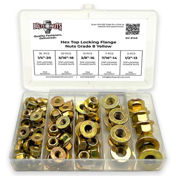 Boltsandnuts.Com Grade 8 Hex Top Locking Flange Nuts Zinc Yellow - 95 PCS Assortment Kit #149 - main